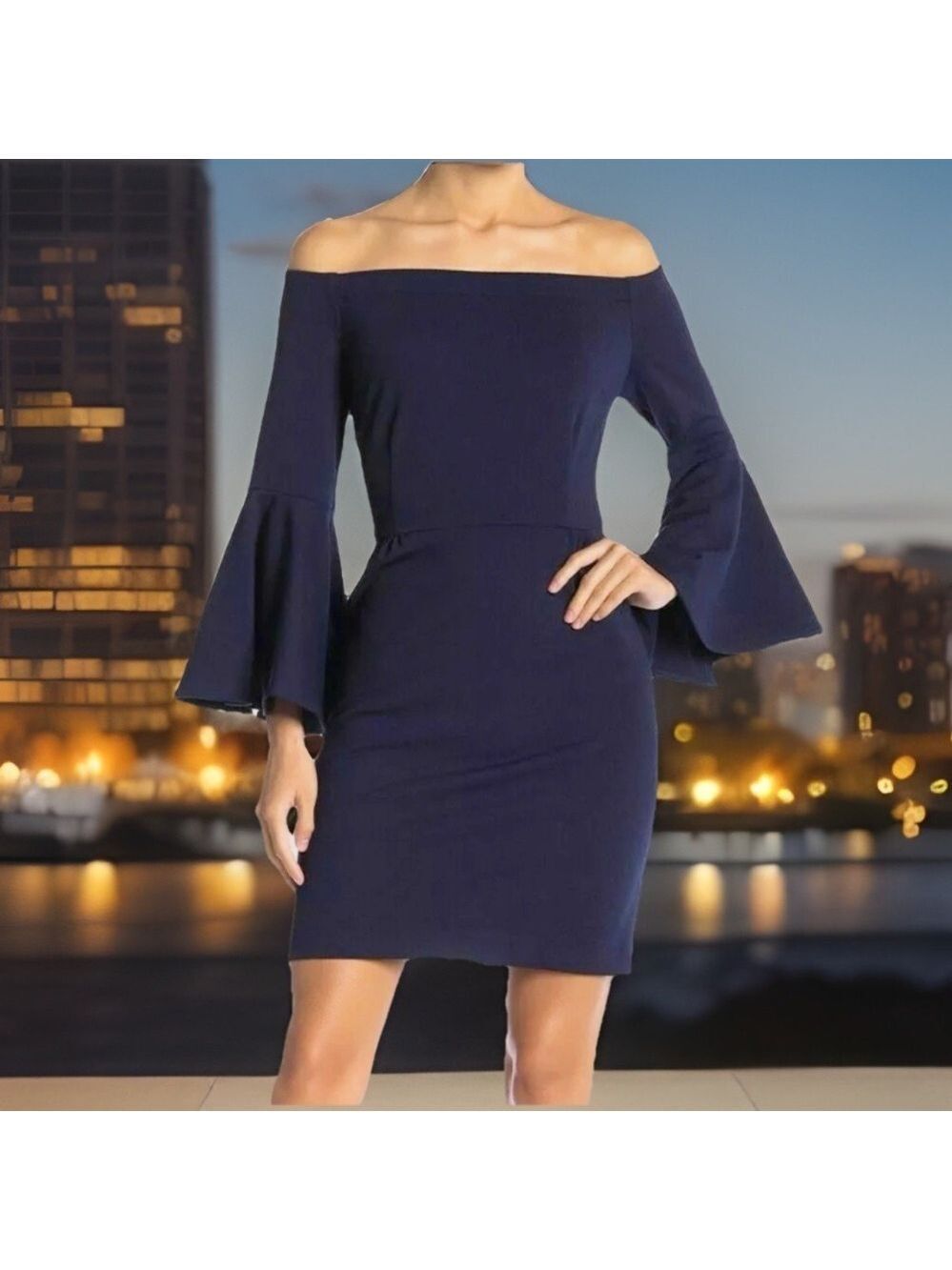 TRINA TURK Miley Off Shoulder Bell Sleeve Sheath Dress Sz 4 Blue Party Work $168 - Picture 9 of 9